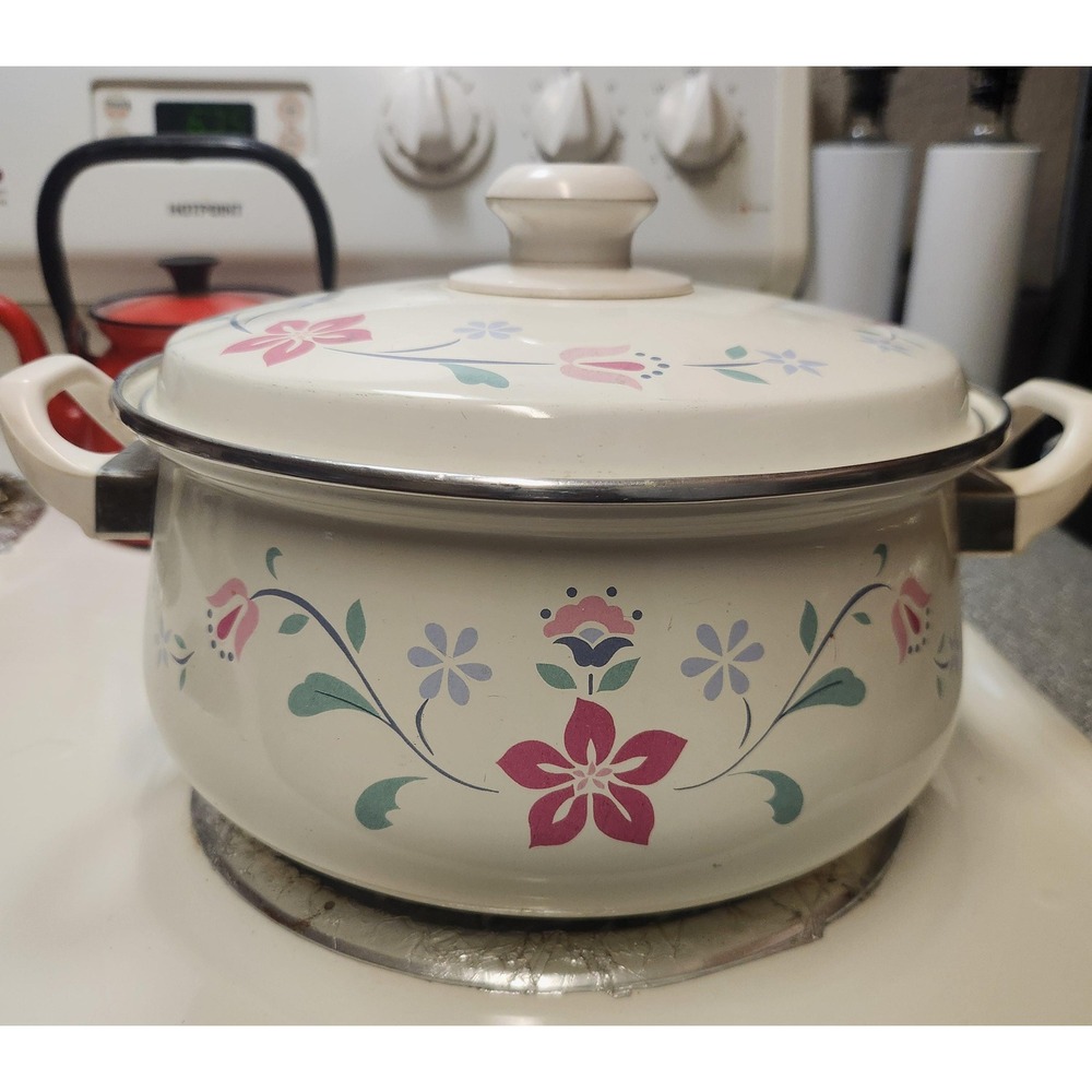 Vintage 6 quarts‎ Enamel flower  Pattern Pot w/Lid